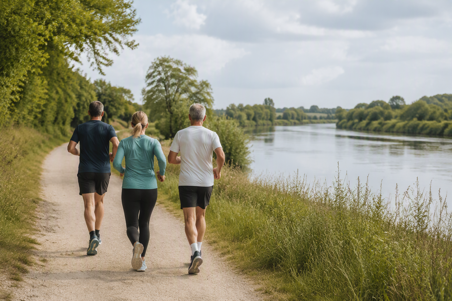 Runners moving along a quiet riverside path