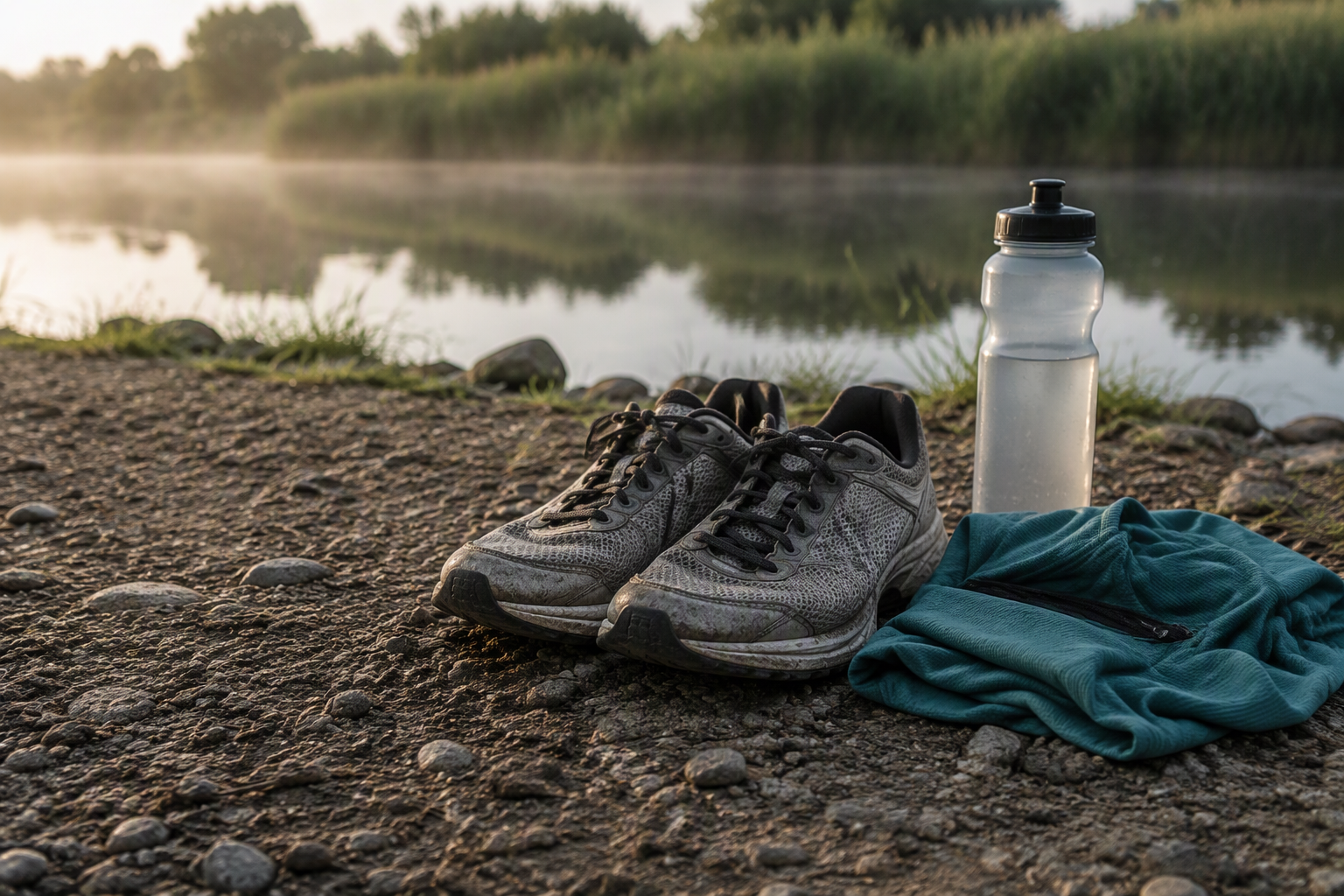 Running shoes resting beside a riverside trail