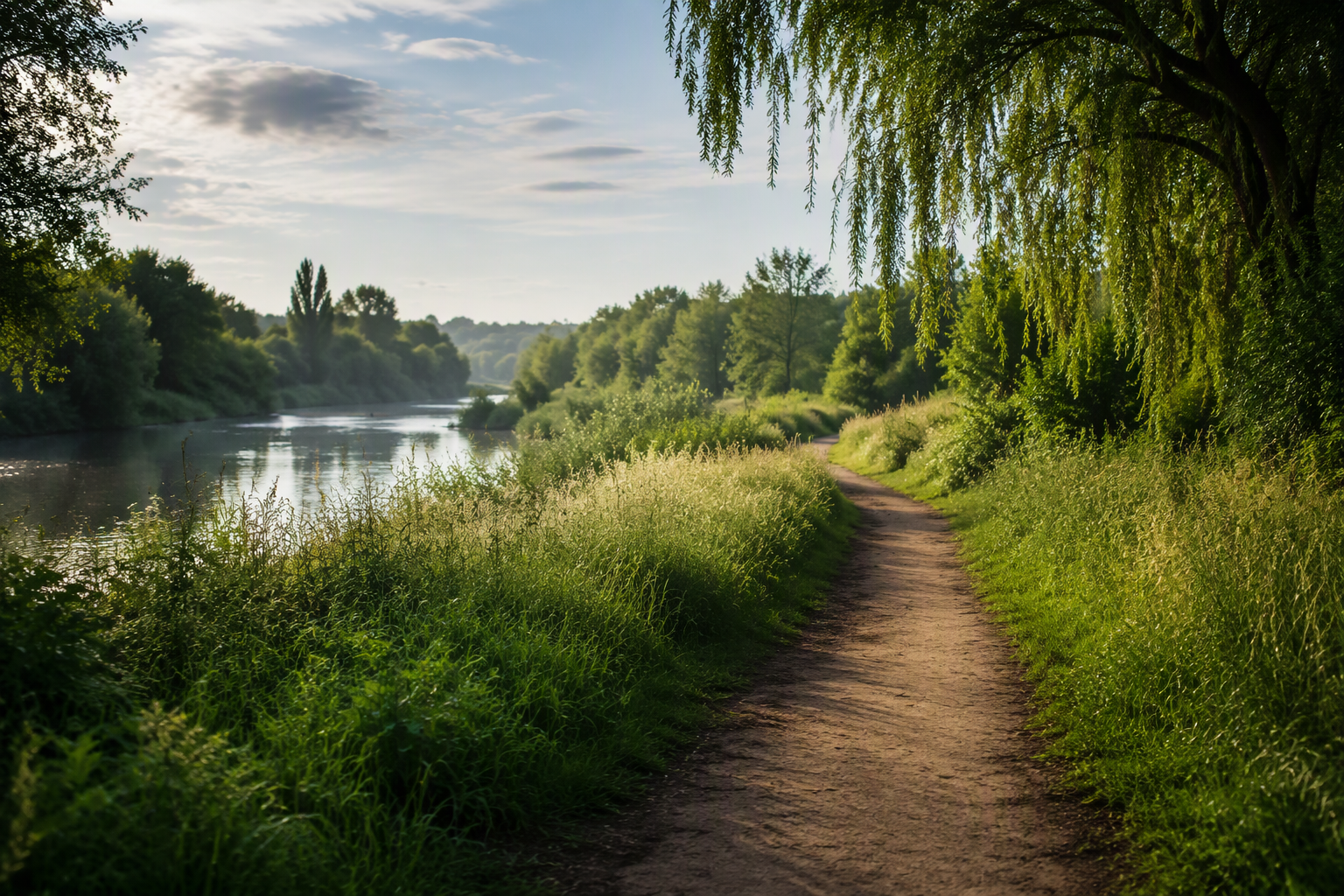 A calm path through green riverside landscape