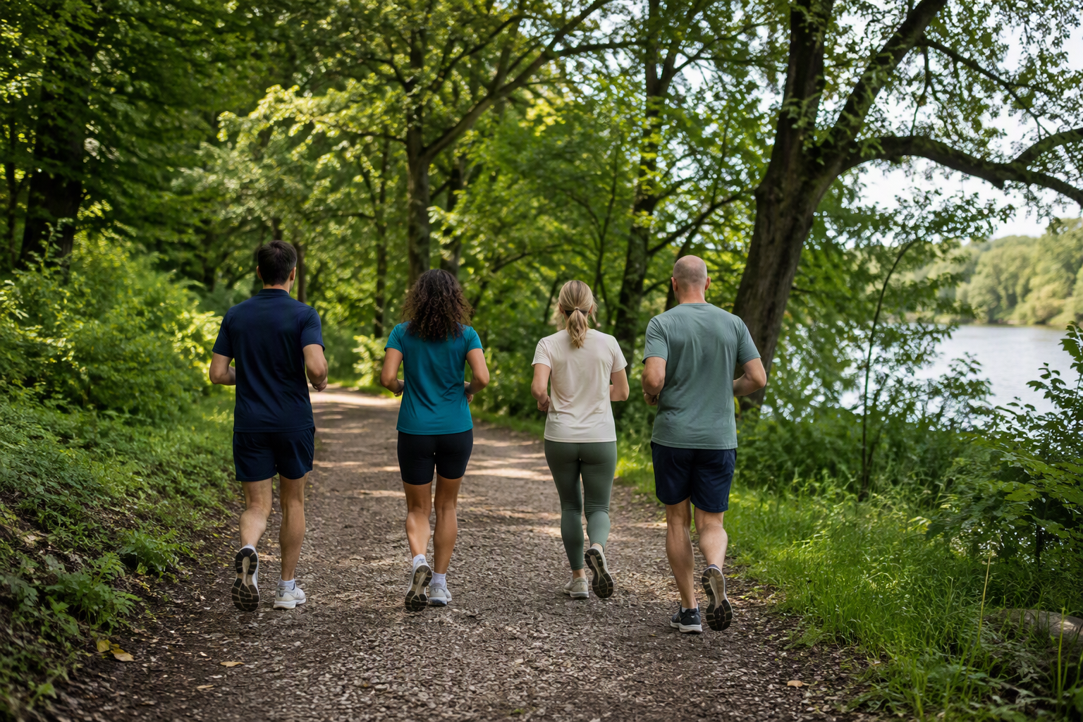 A small group of runners seen from behind on a trail
